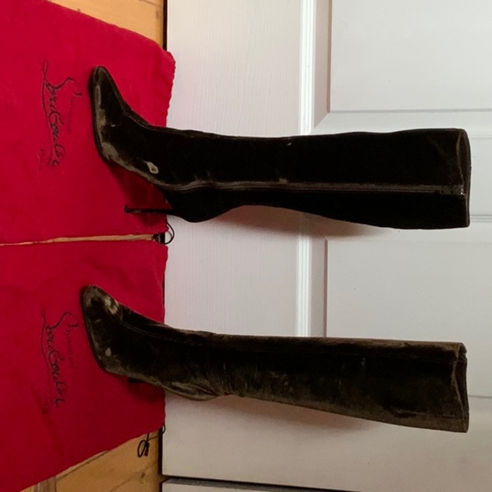 Christian Louboutin crushed velvet brown boots.